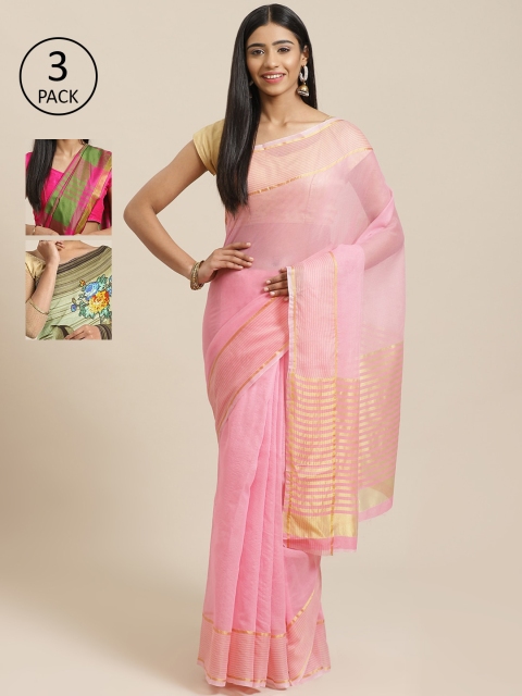 

KALINI Pink Pack of 3 Printed Silk Cotton Saree