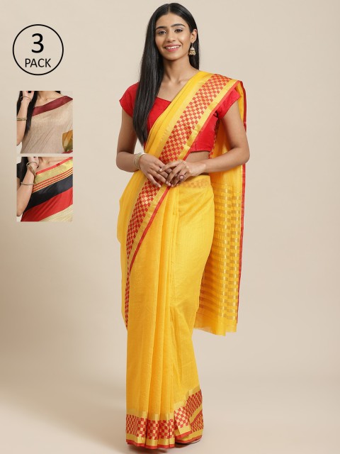 

KALINI Yellow Pack of 3 Printed Silk Cotton Saree