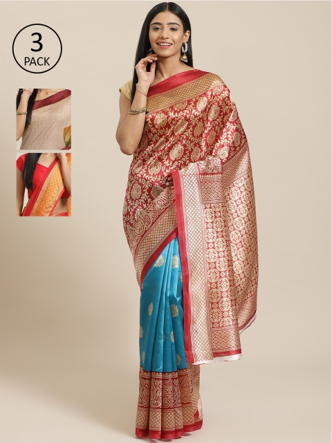 

KALINI Pack of 3 Printed Sarees, Red