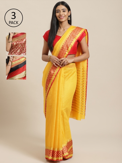 

KALINI Pack Of 3 Striped Silk Cotton Sarees, Yellow