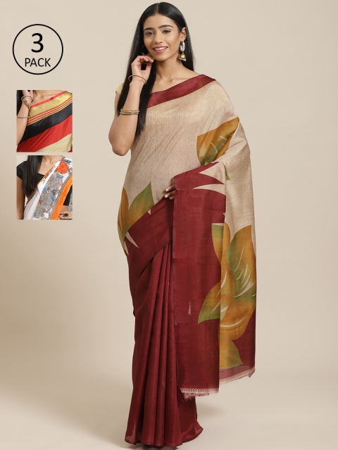 

KALINI Pack of 3 Printed Sarees, Beige
