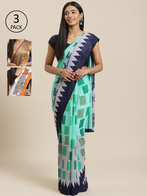 

KALINI Pack of 3 Printed Sarees, Sea green