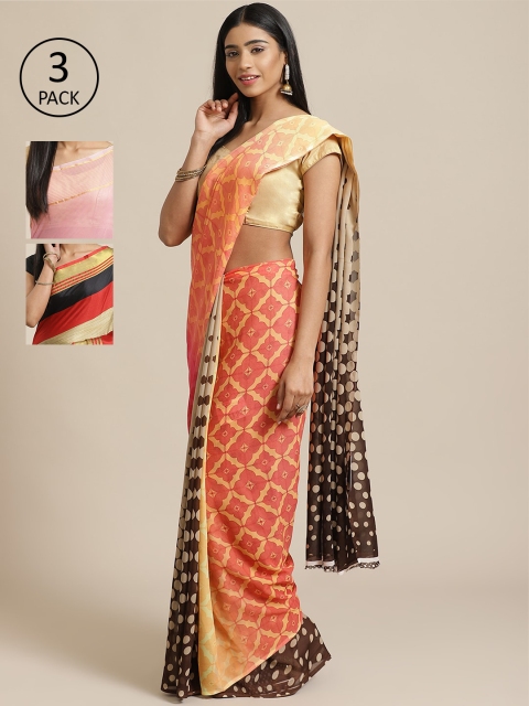 

KALINI Red Pack of 3 Printed Saree, Peach