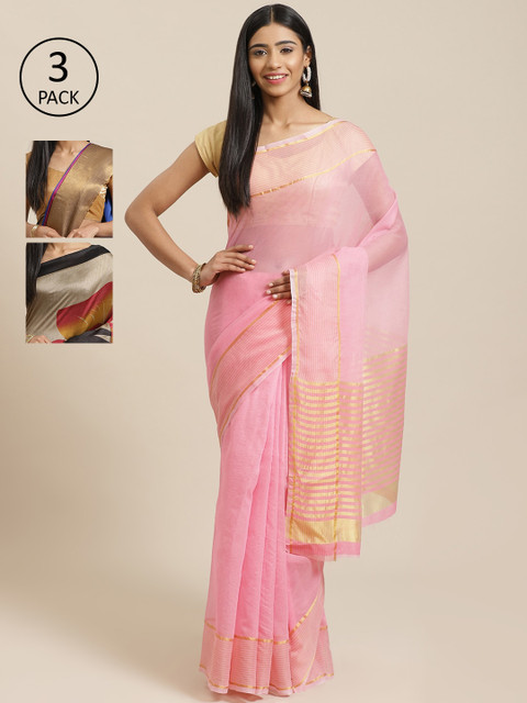 

KALINI Pack Of 3 Solid Silk Cotton Sarees, Pink