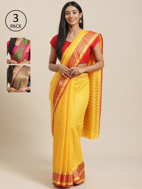 

KALINI Pack of 3 Printed Sarees, Yellow