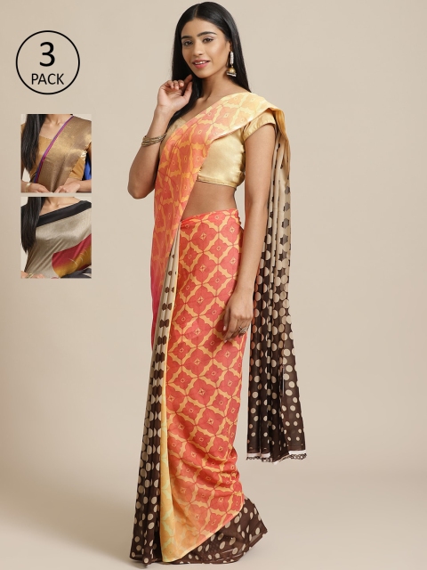 

KALINI Red Pack of 3 Printed Saree, Peach