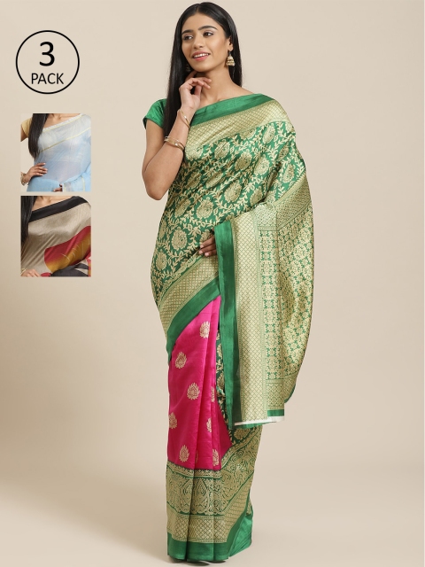 

KALINI Pack Of 3 Woven Design Mysore Art Silk Sarees, Green