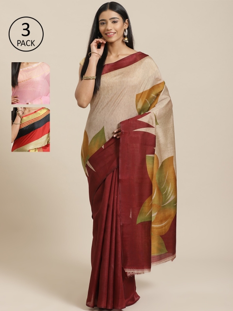 

KALINI Red Pack of 3 Solid Saree, Beige