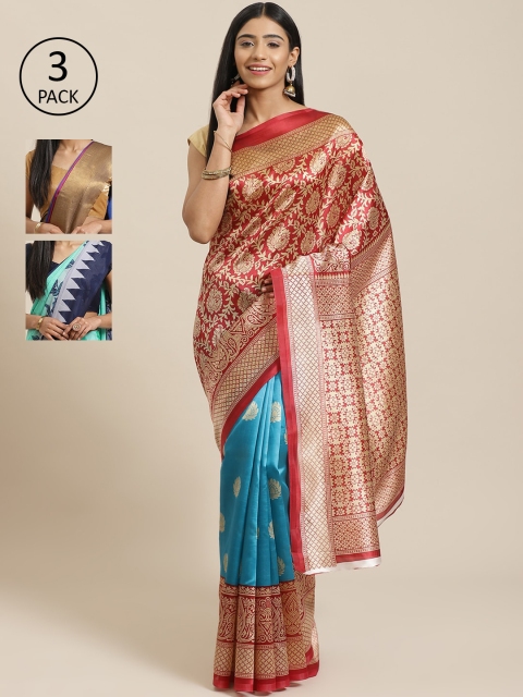 

KALINI Pack Of 3 Woven Design Mysore Art Silk Sarees, Red