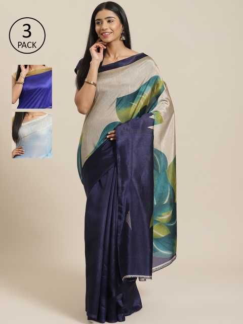 

KALINI Pack of 3 Printed Sarees, Navy blue