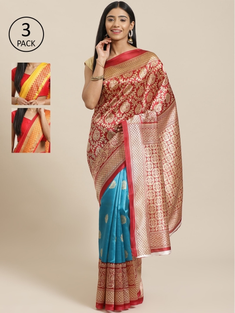 

KALINI Pack Of 3 Woven Design Mysore Art Silk Sarees, Red