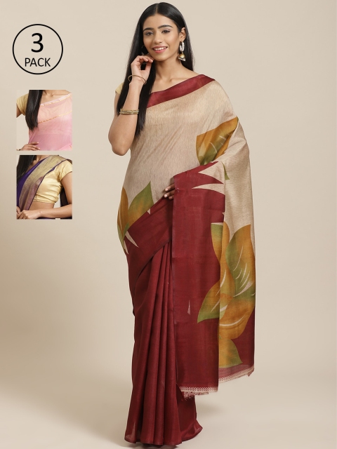

KALINI Pack of 3 Printed Art Silk Sarees, Beige