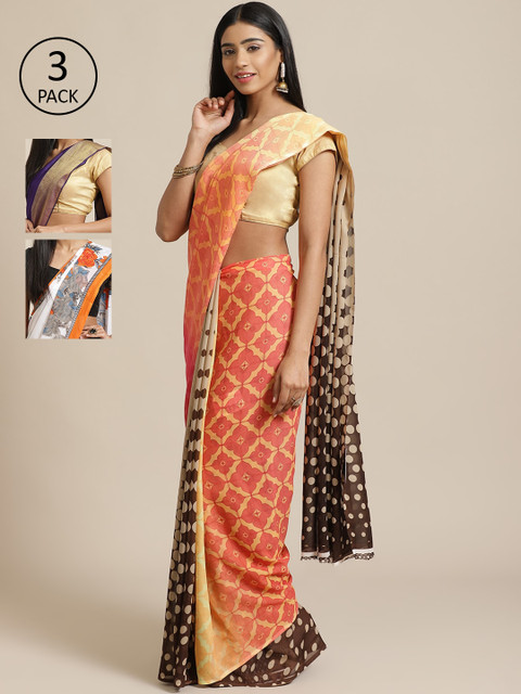 

KALINI Pack Of 3 Printed Poly Georgette Sarees, Peach