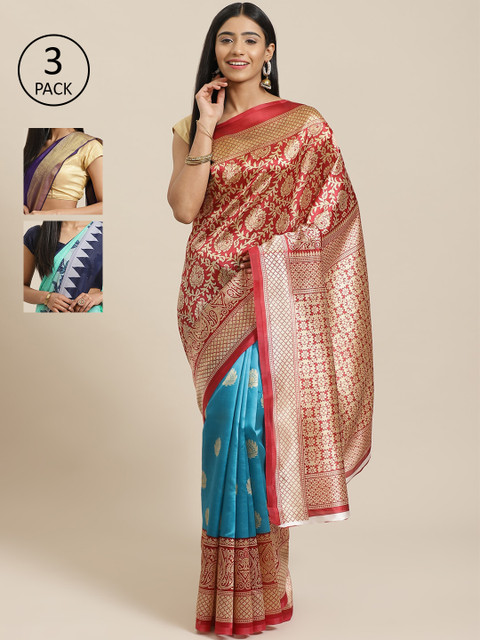 

KALINI Pack of 3 Printed Sarees, Red