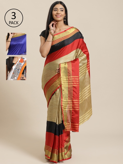 

KALINI Pack Of 3 Striped Art Silk Sarees, Beige