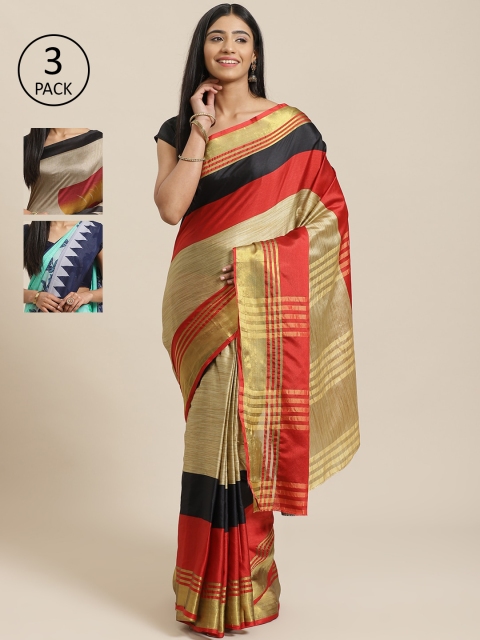

KALINI Pack of 3 Printed Sarees, Beige