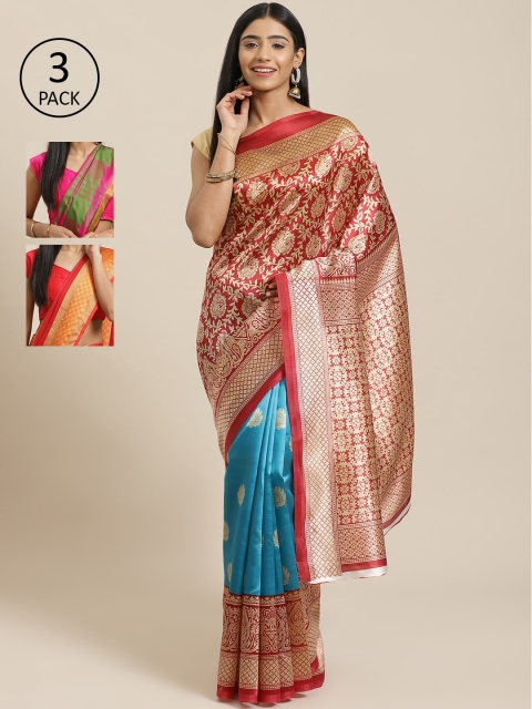 

KALINI Pack Of 3 Woven Design Art Silk Sarees, Red