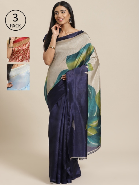 

KALINI Pack of 3 Printed Sarees, Navy blue