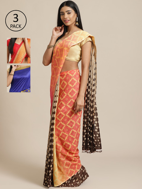 

KALINI Pack Of 3 Printed Poly Georgette Sarees, Peach