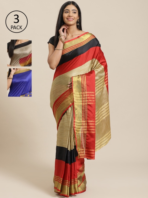 

KALINI Red Pack of 3 Art Silk Printed Saree, Beige