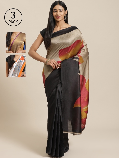 

KALINI Pack Of 3 Printed Mysore Art Silk Sarees, Black