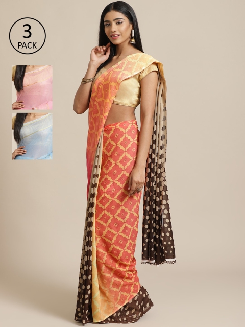 

KALINI Pack Of 3 Printed Poly Georgette Sarees, Peach