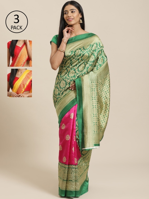 

KALINI Pack of 3 Printed Sarees, Green