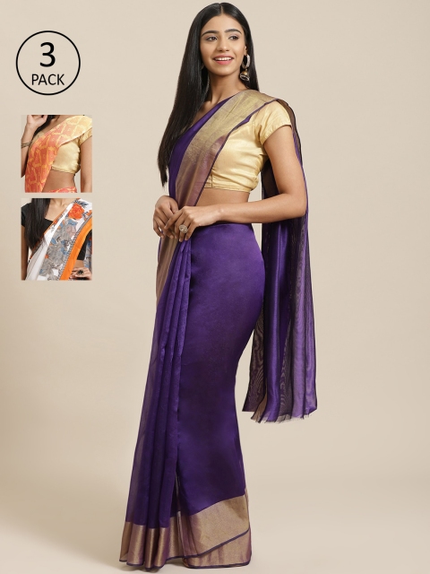 

KALINI Pack Of 3 Solid Mysore Art Silk Sarees, Purple