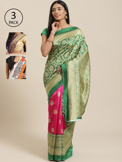 

KALINI Pack of 3 Printed Sarees, Green