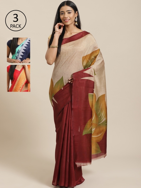 

KALINI Pack Of 3 Printed Mysore Art Silk Sarees, Beige