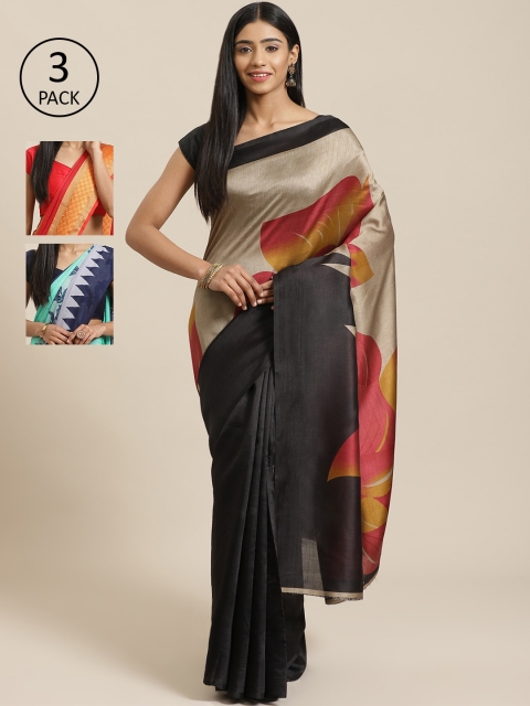 

KALINI Pack Of 3 Printed Mysore Art Silk Sarees, Black
