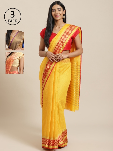 

KALINI Pack of 3 Printed Sarees, Yellow