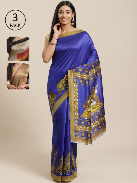 

KALINI Pack of 3 Printed Art Silk Saree, Blue