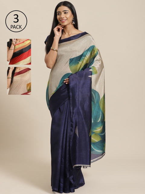 

KALINI Pack of 3 Printed Sarees, Navy blue