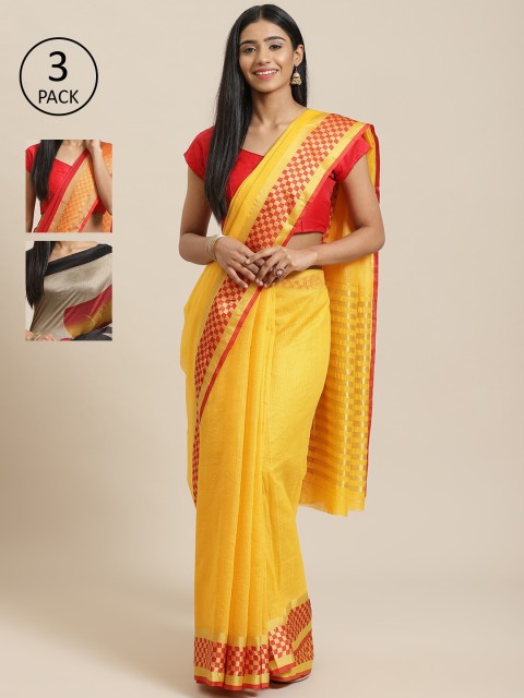 

KALINI Red Pack of 3 Silk Cotton Solid Saree, Black