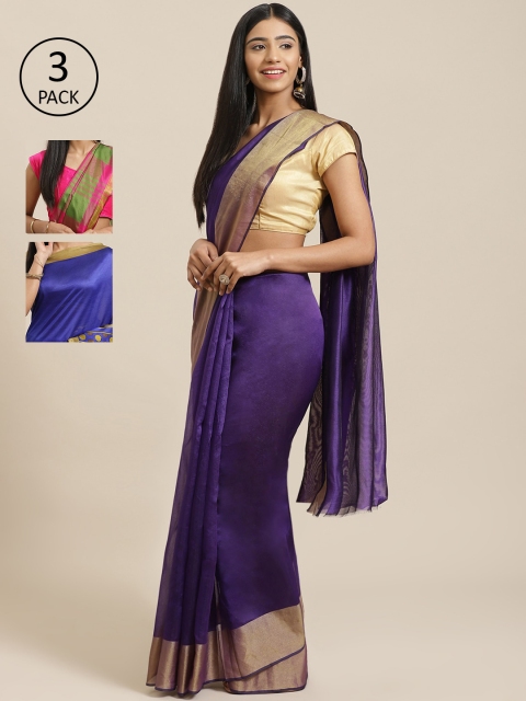 

KALINI Pack Of 3 Solid Mysore Art Silk Sarees, Purple