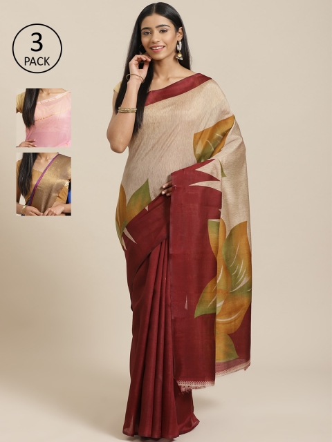

KALINI Red Pack of 3 Solid Saree, Maroon
