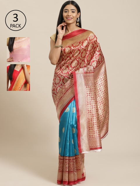 

KALINI Pack of 3 Printed Sarees, Red