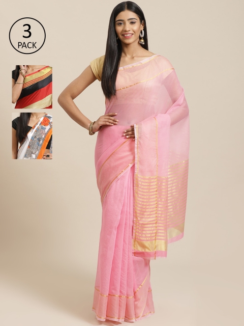 

KALINI Pack of 3 Printed Sarees, Pink