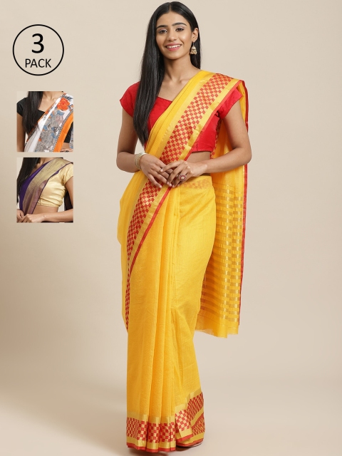 

KALINI Red Pack of 3 Solid Saree, Yellow