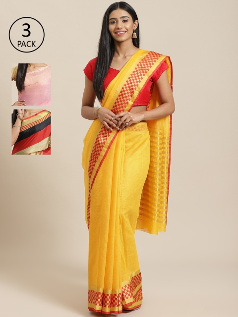 

KALINI Pack of 3 Printed Sarees, Yellow