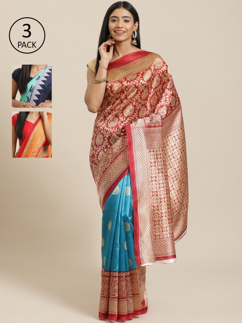

KALINI Pack Of 3 Woven Design Mysore Art Silk Sarees, Red