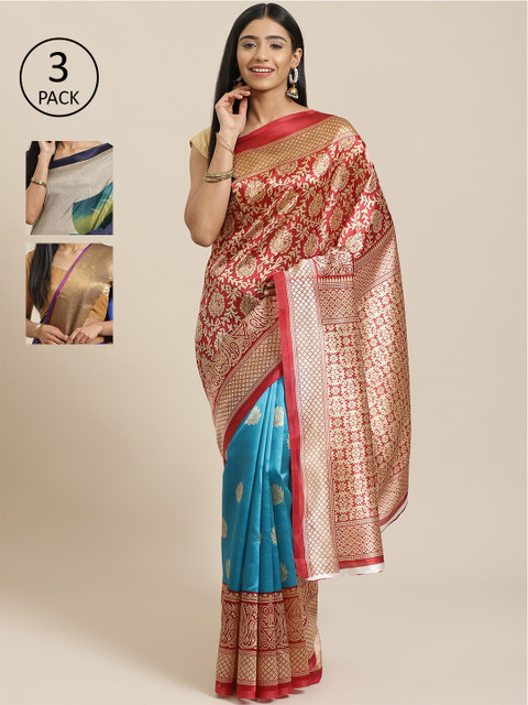 

KALINI Pack of 3 Printed Sarees, Red