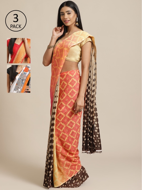 

KALINI Pack Of 3 Printed Poly Georgette Sarees, Peach