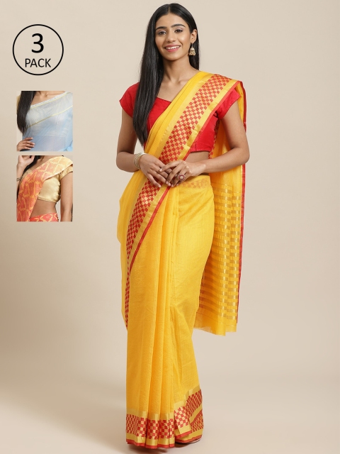 

KALINI Pack of 3 Printed Sarees, Yellow