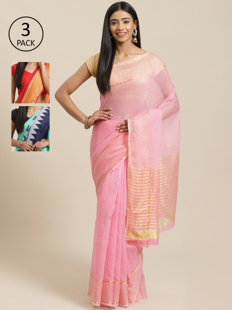 

KALINI Pack Of 3 Solid Silk Cotton Sarees, Pink