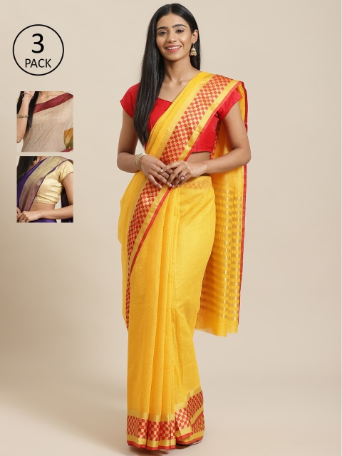 

KALINI Red Pack of 3 Solid Saree, Yellow