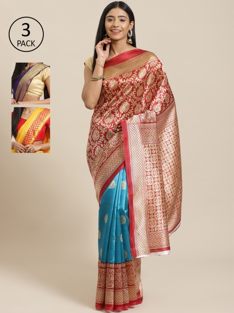 

KALINI Pack Of 3 Woven Design Mysore Art Silk Sarees, Red
