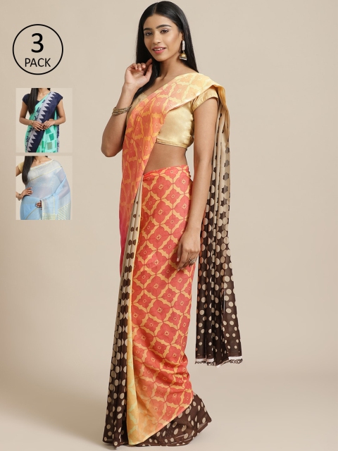 

KALINI Pack of 3 Printed Poly Georgette Saree, Peach