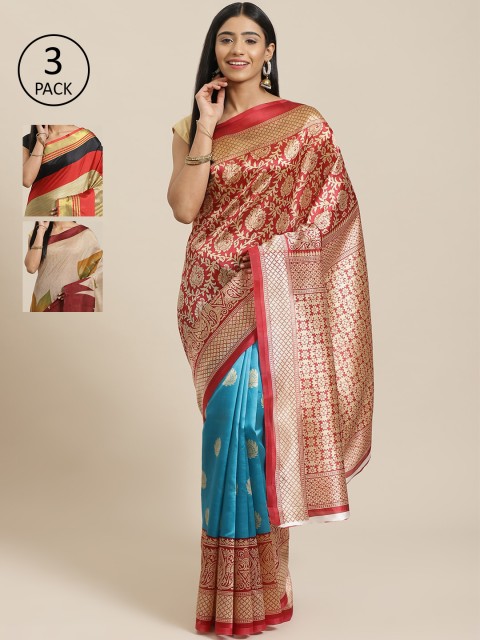 

KALINI Pack of 3 Printed Mysore Silk Saree, Red